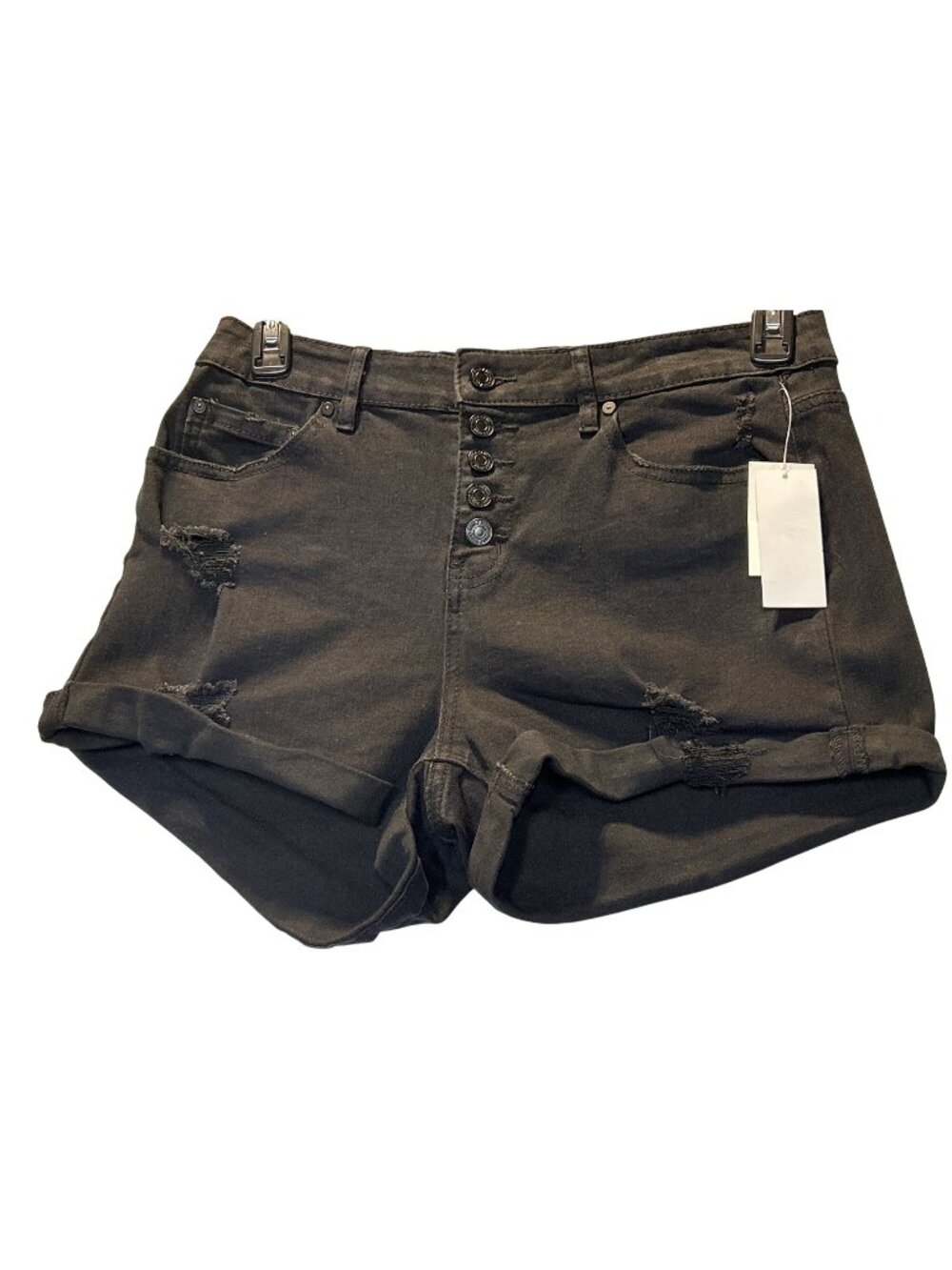 Indigo Womens Size 11 W29 Curvy High Rise Distressed Black Denim Shorts Button